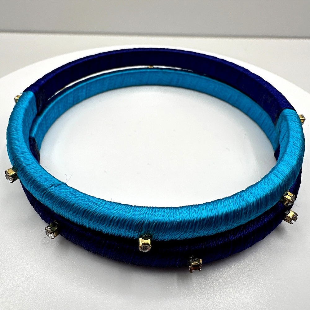 Vintage 90s Silk Thread Bracelets Set Blue Clear Rhinestone Women's Jewelry‎